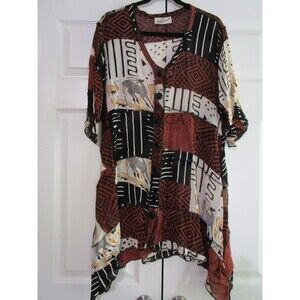 Vintage Sterling Shirt Womens One Size Rayon African Print 90s Boho Festival Top